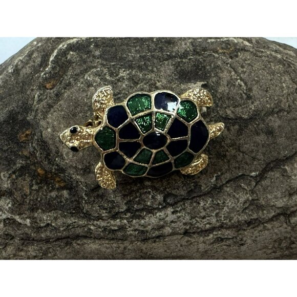 Vtg Blue Green Enamel Turtle Brooch Pin Goldtone Details Finish Ocean Tortoise - Picture 3 of 3